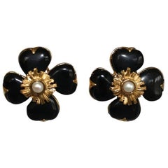 Goossens Paris Black Onyx Clover Clip Earrings with Pearl Center
