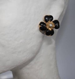 Goossens Paris Black Onyx Clover Clip Earrings with Pearl Center