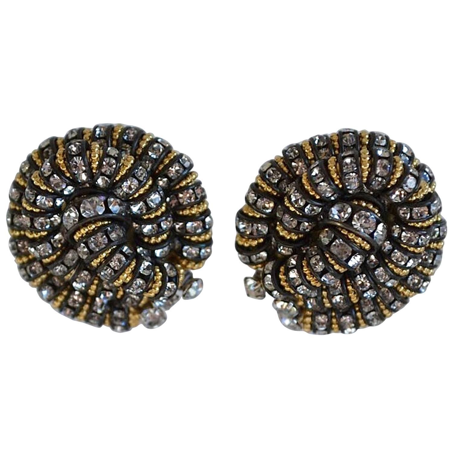 Francoise Montague "Vendome" Black, Gold, and Crystal Button Clip Earrings