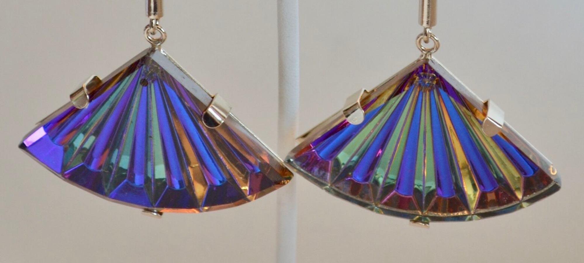 Art Deco Philippe Ferrandis Vintage Glass Fan and Swarovski Crystal Clip Earrings 