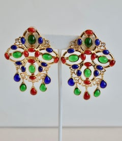 Gripoix Multi Color Plumetis Clip Drop Earrings