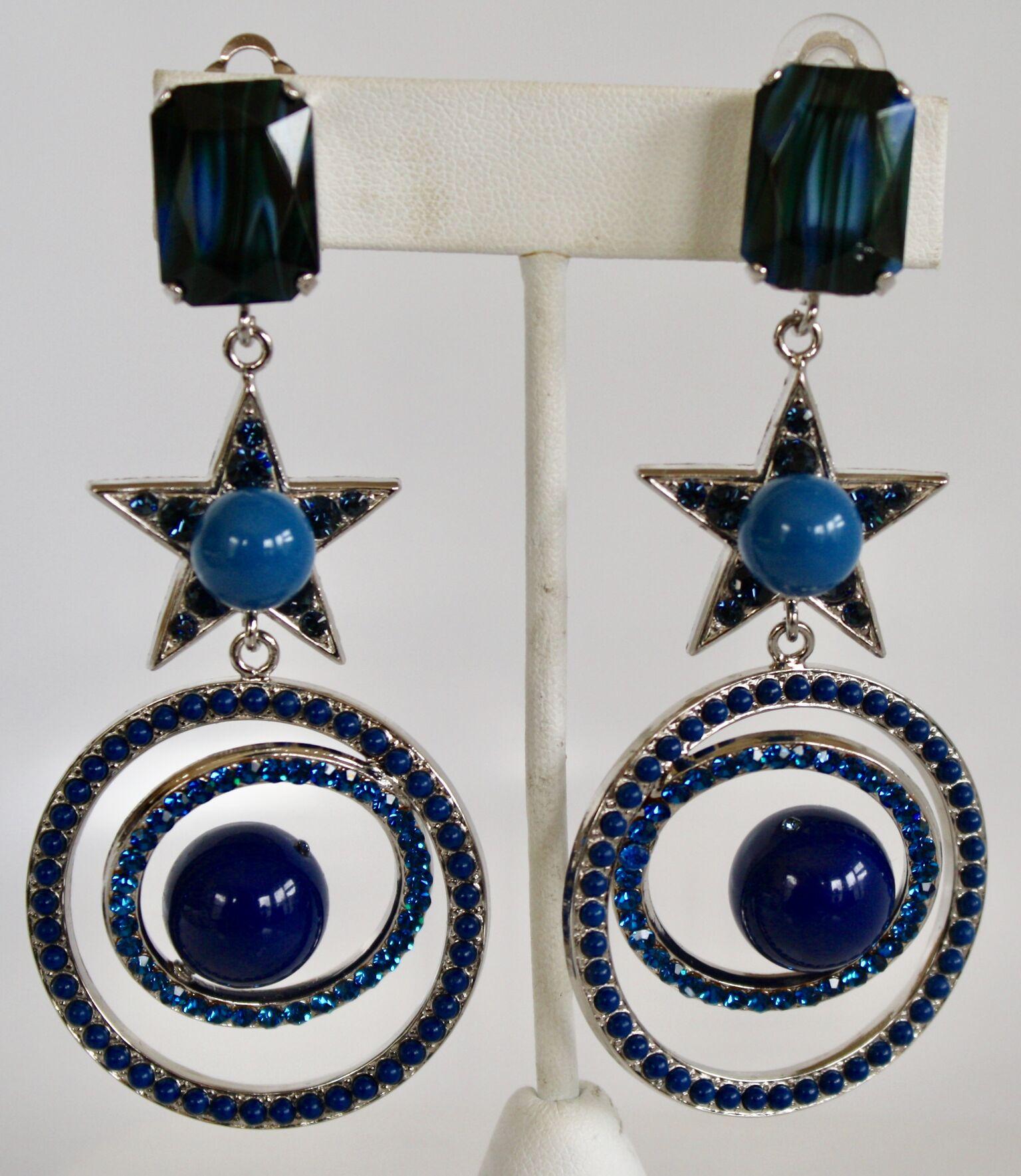 Philippe Ferrandis Blue Swarovski Crystal Star Clip Earrings In New Condition In Virginia Beach, VA