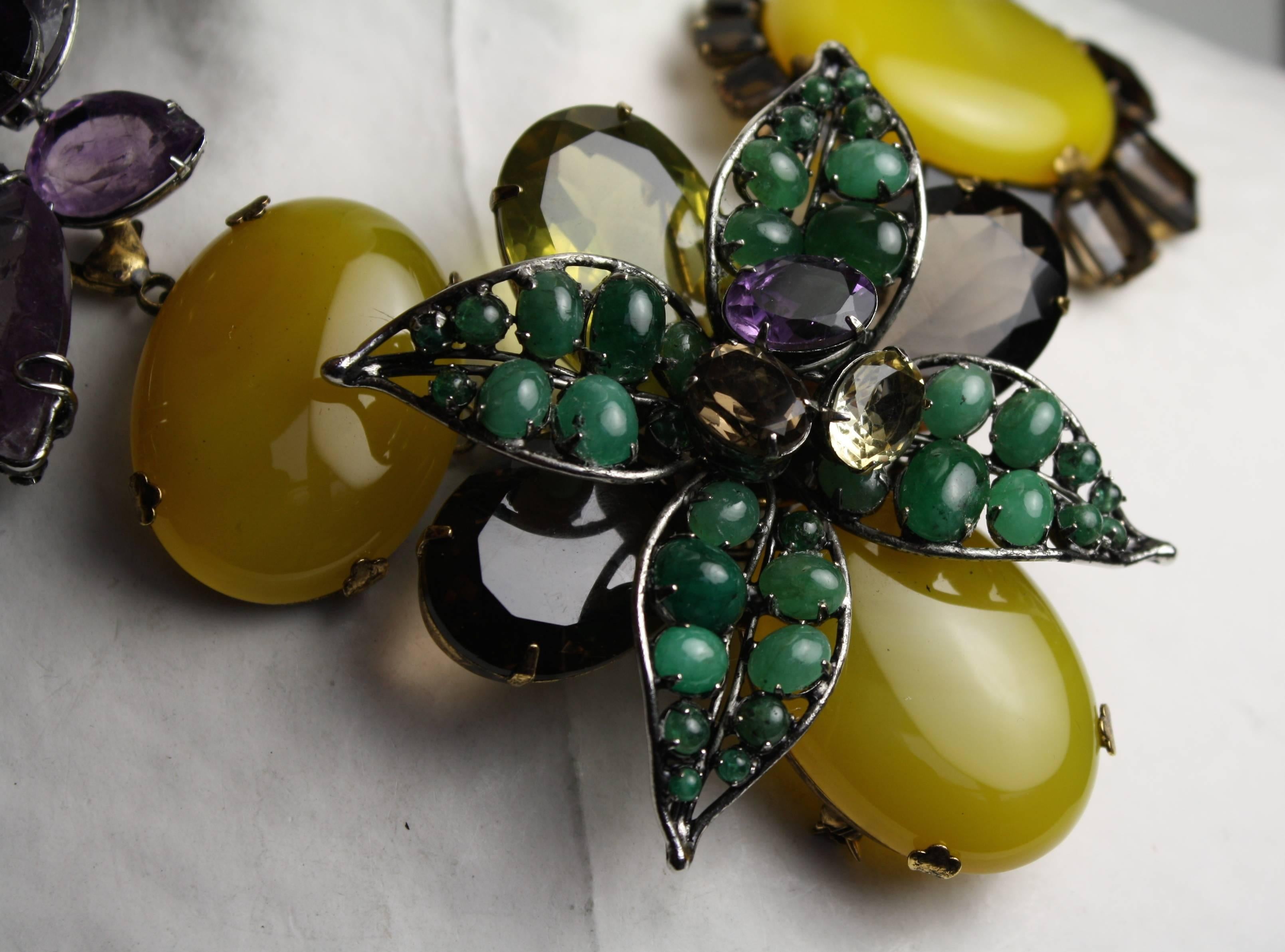 Iradj Moini Amethyst, Emerald, and Quartz Double Flower Choker Necklace In New Condition In Virginia Beach, VA