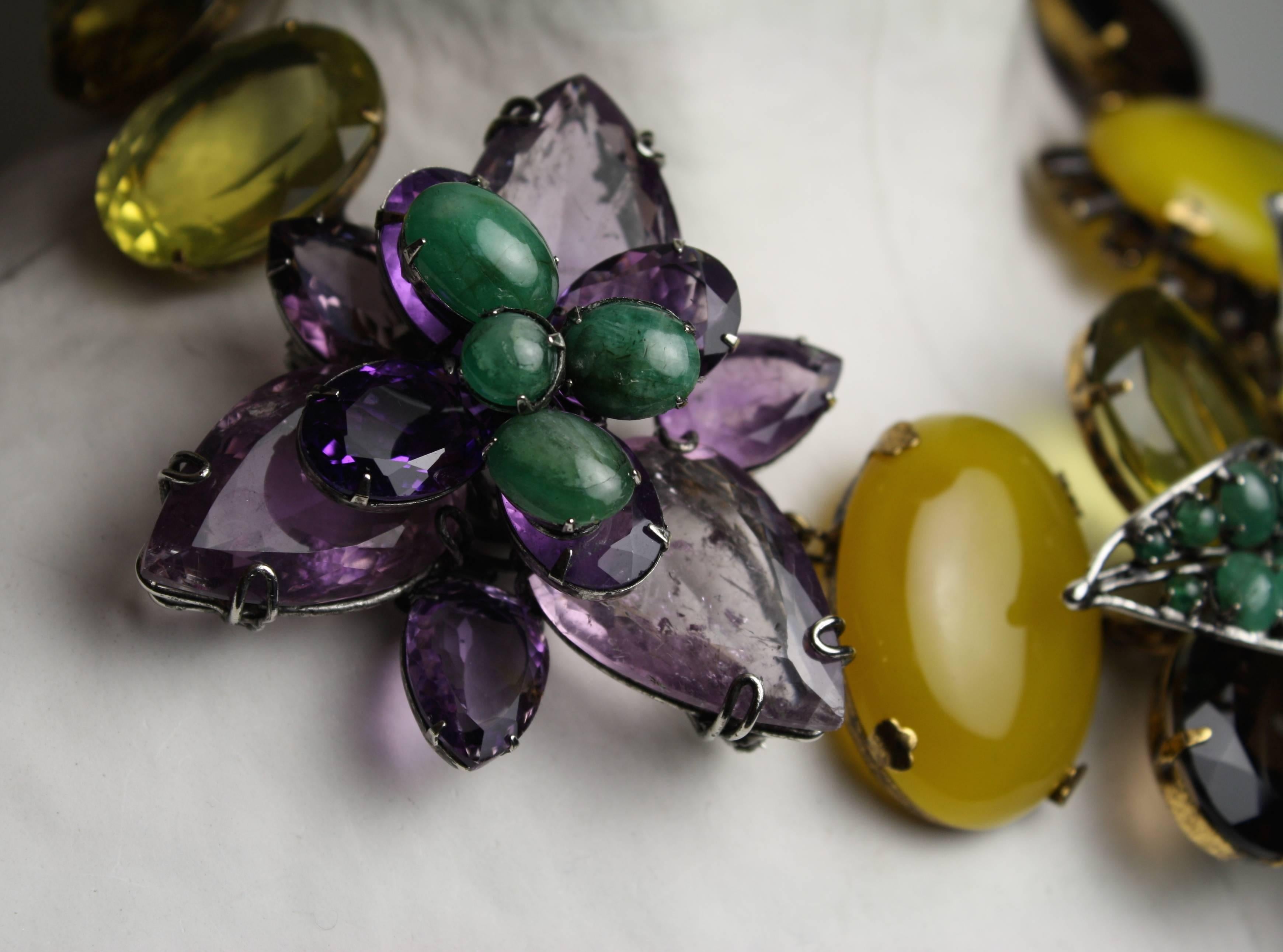 Women's Iradj Moini Amethyst, Emerald, and Quartz Double Flower Choker Necklace