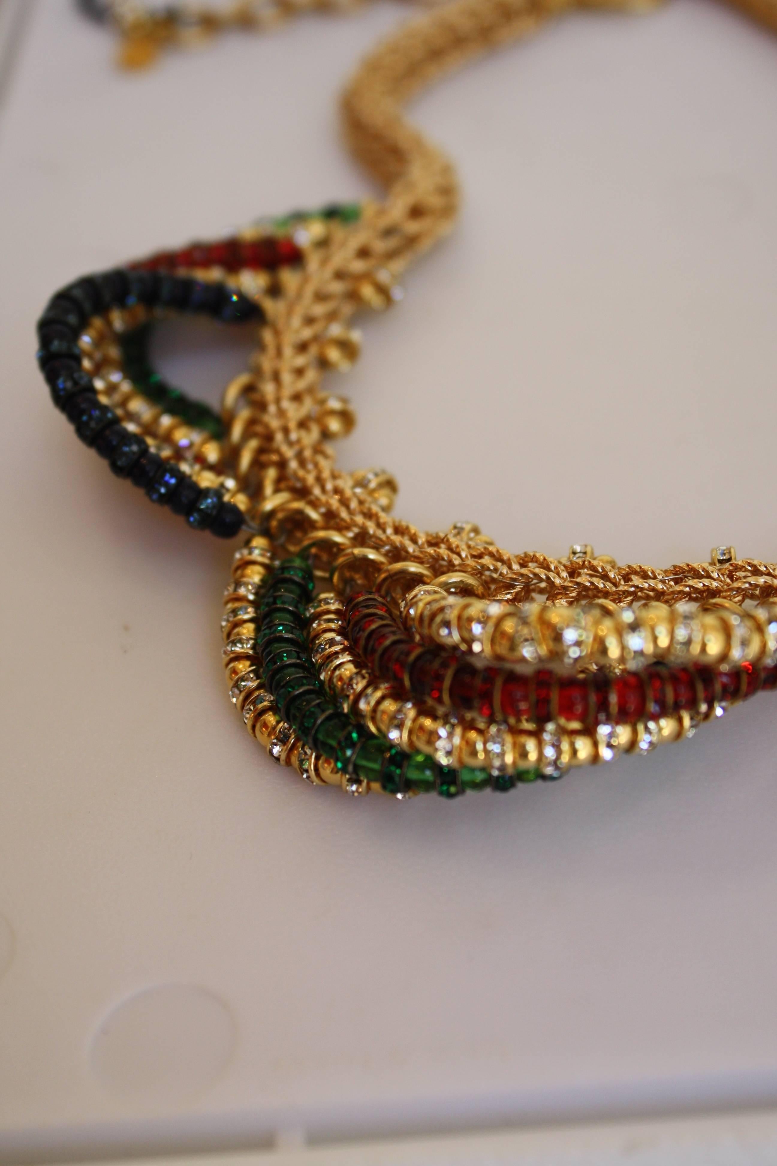Francoise Montague Red, Blue, Green, and Gold Swarovski Collar Necklace  In New Condition In Virginia Beach, VA