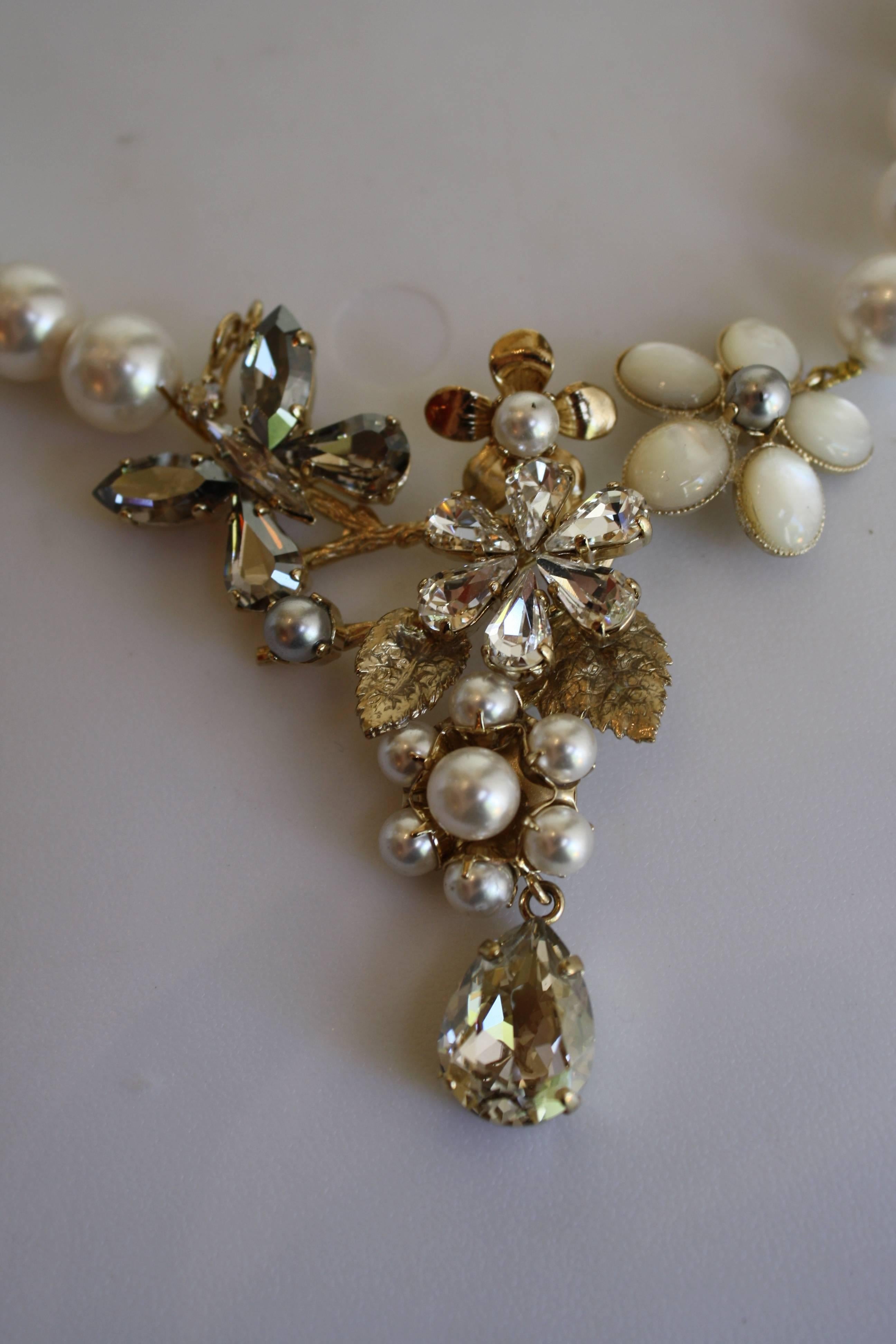 Philippe Ferrandis Glass Pearl and Swarovski Crystal Floral Motif Necklace In New Condition In Virginia Beach, VA