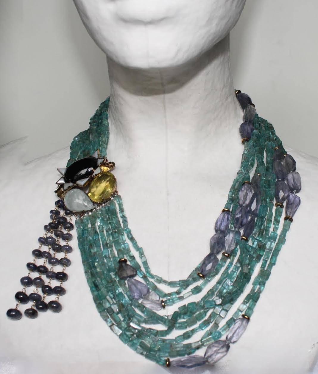 Iradj Moini Apatite & Iolite Necklace with Onyx and Mother of Pearl Details In New Condition In Virginia Beach, VA