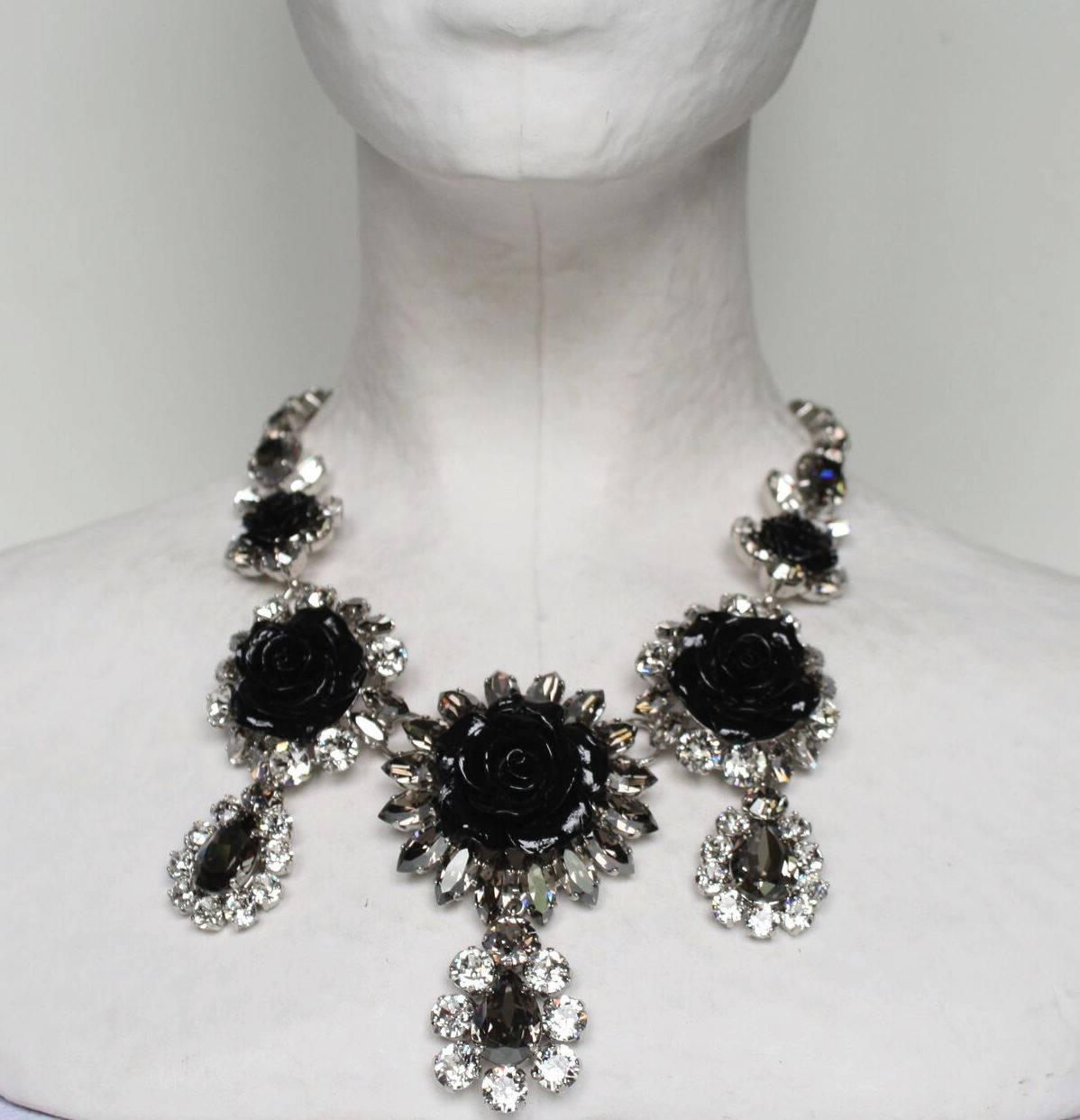 Philippe Ferrandis Swarovski Crystal and Black Resin Rose Necklace In New Condition In Virginia Beach, VA