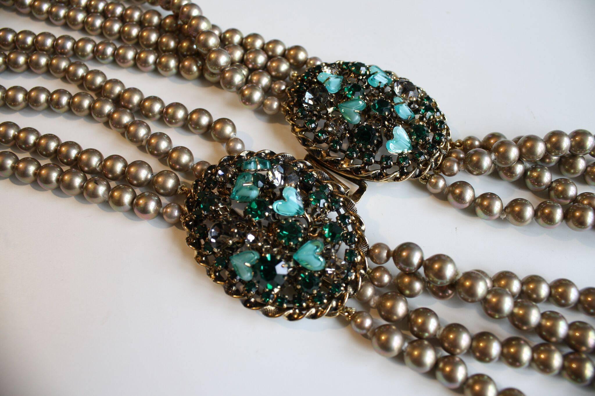 Francoise Montague Champagne Pearl and Green Swarovski Necklace In New Condition In Virginia Beach, VA