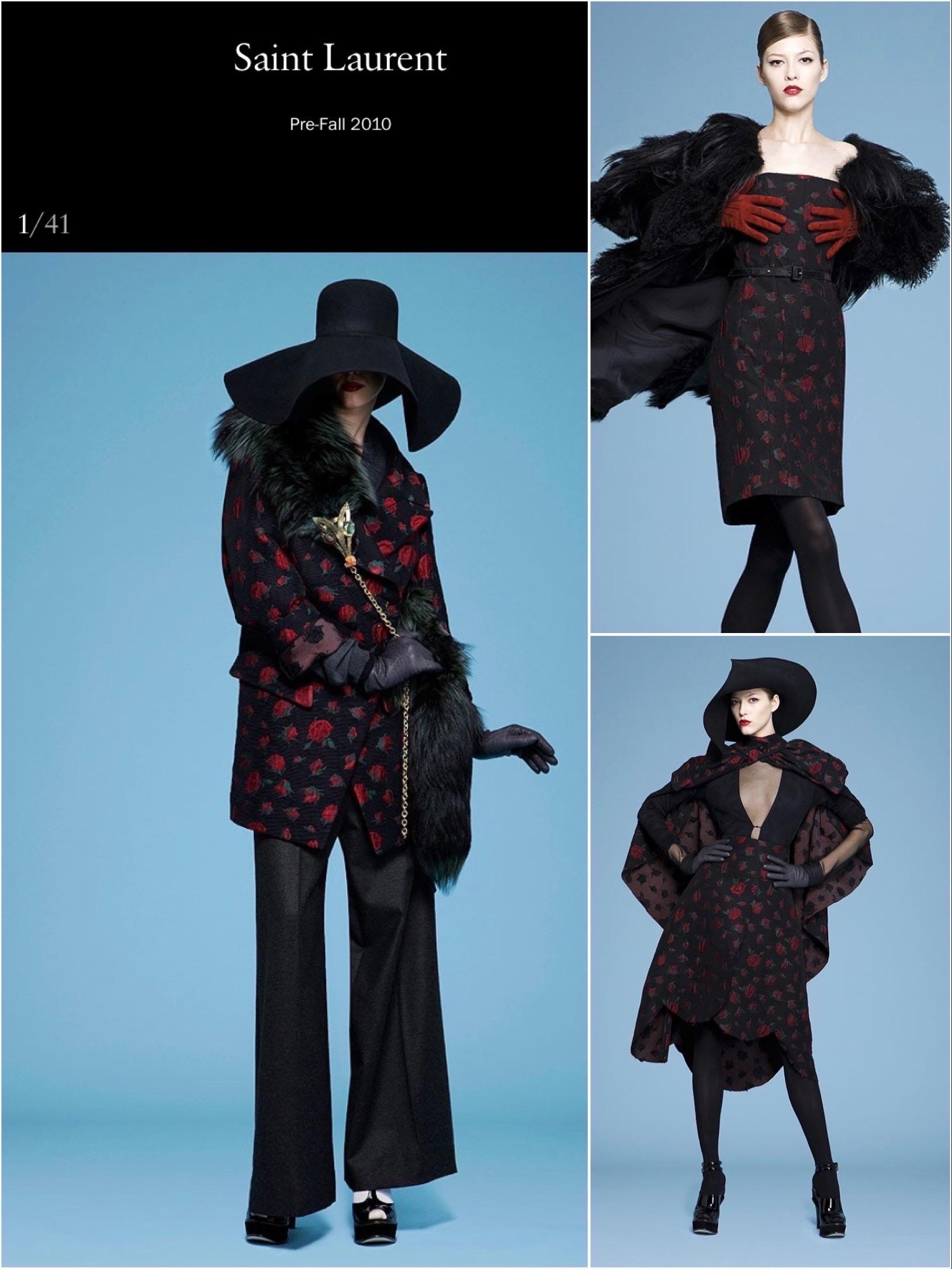 This Saint Laurent by Stefano Pilati floral jacquard coat/blazer opens the Pre-Fall 2010 collection (Look 1).  The garment is fashioned in cotton & silk jacquard 
