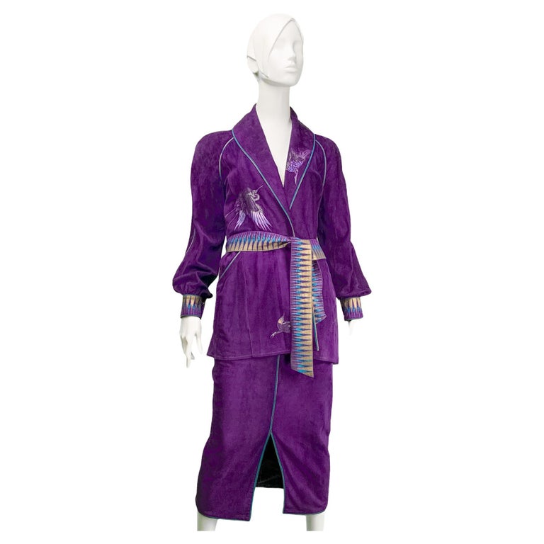 Vintage 1990s Cavalli Hand Painted Suede Leather Kimono Jacket & Skirt Suit