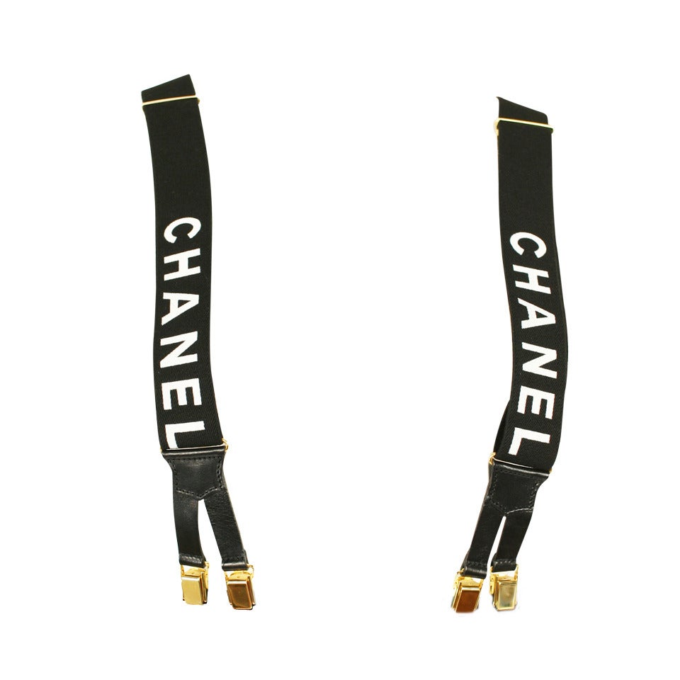 Iconic Chanel 1990s Black and White Suspenders Mint Condition For Sale