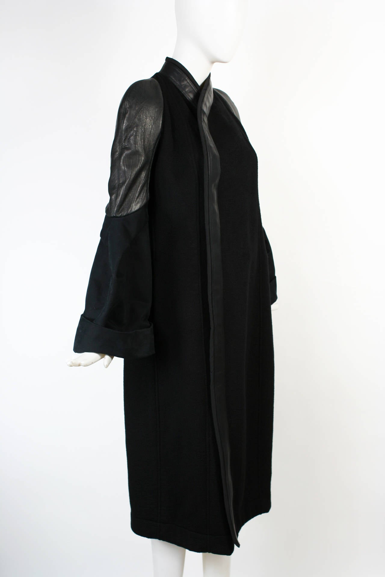 Magnificent Rick Owens Sculptural Black Cashmere and Leather Coat New With Tags In New Condition For Sale In New York, NY