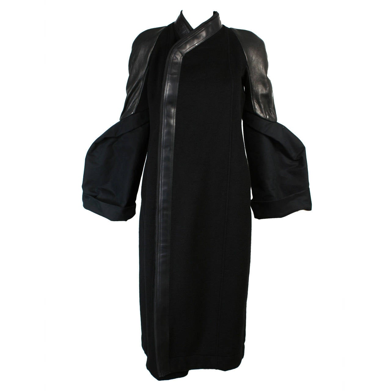 Magnificent Rick Owens Sculptural Black Cashmere and Leather Coat New With Tags For Sale