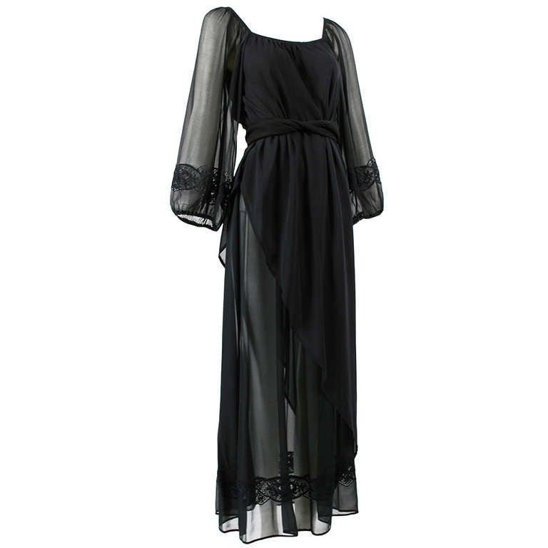 Andrea Odicini 1970s Black Silk Chiffon Embroidered Peasant Dress For Sale