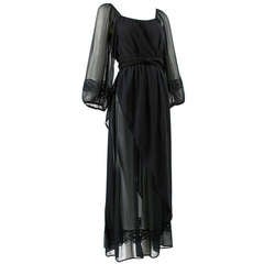 Vintage Andrea Odicini 1970s Black Silk Chiffon Embroidered Peasant Dress