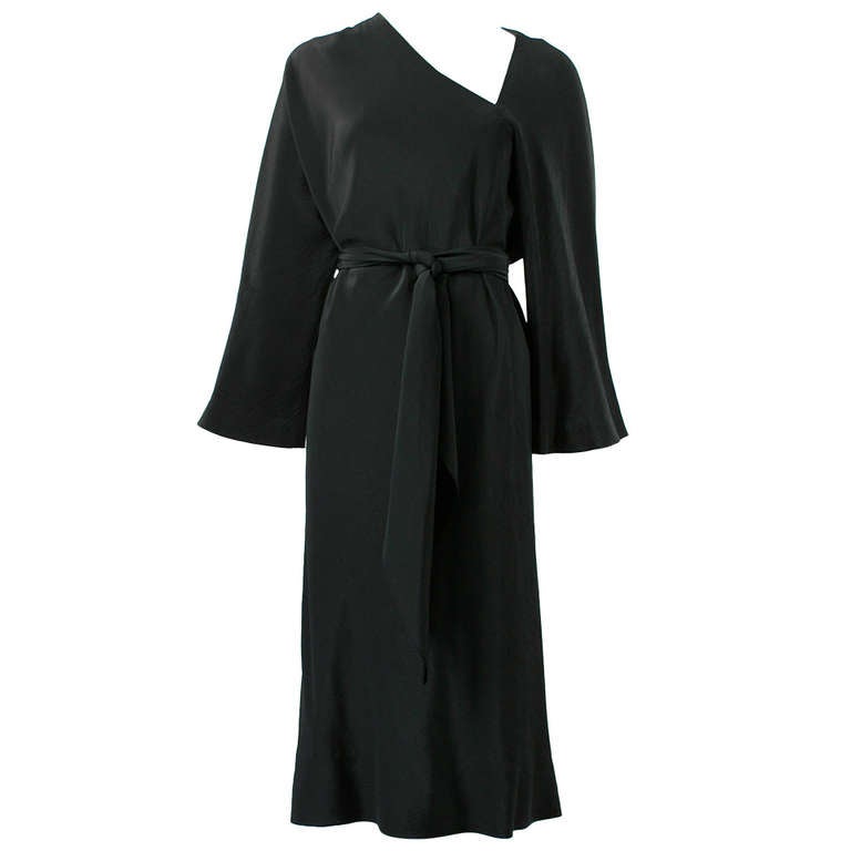 Halston 1970s Black Silk Dress with Asymmetrical Neckline For Sale