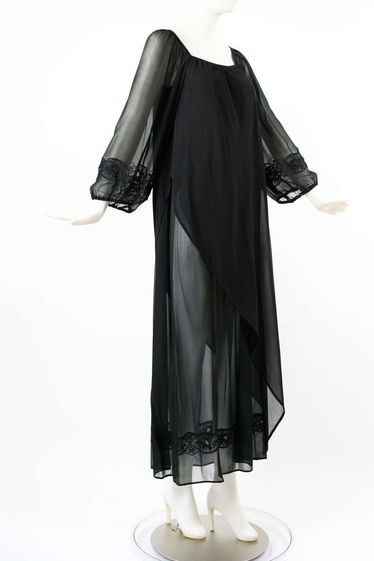 Women's Andrea Odicini 1970s Black Silk Chiffon Embroidered Peasant Dress For Sale