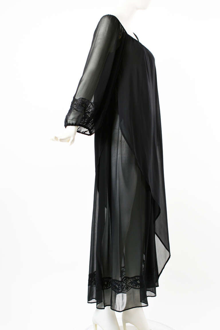Andrea Odicini 1970s Black Silk Chiffon Embroidered Peasant Dress For Sale 1