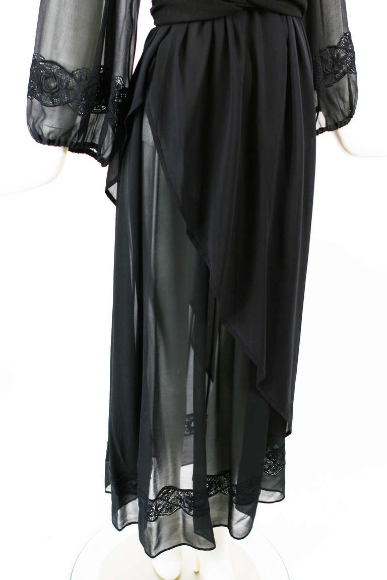 Andrea Odicini 1970s Black Silk Chiffon Embroidered Peasant Dress For Sale 3