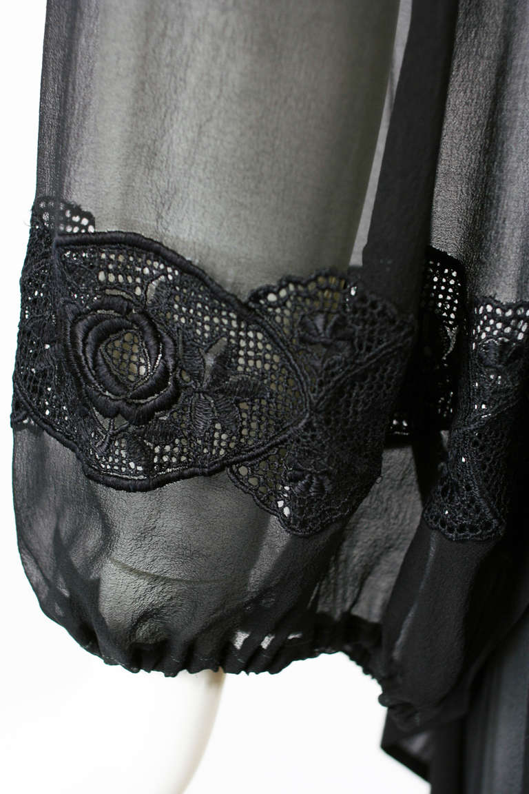Andrea Odicini 1970s Black Silk Chiffon Embroidered Peasant Dress For Sale 4