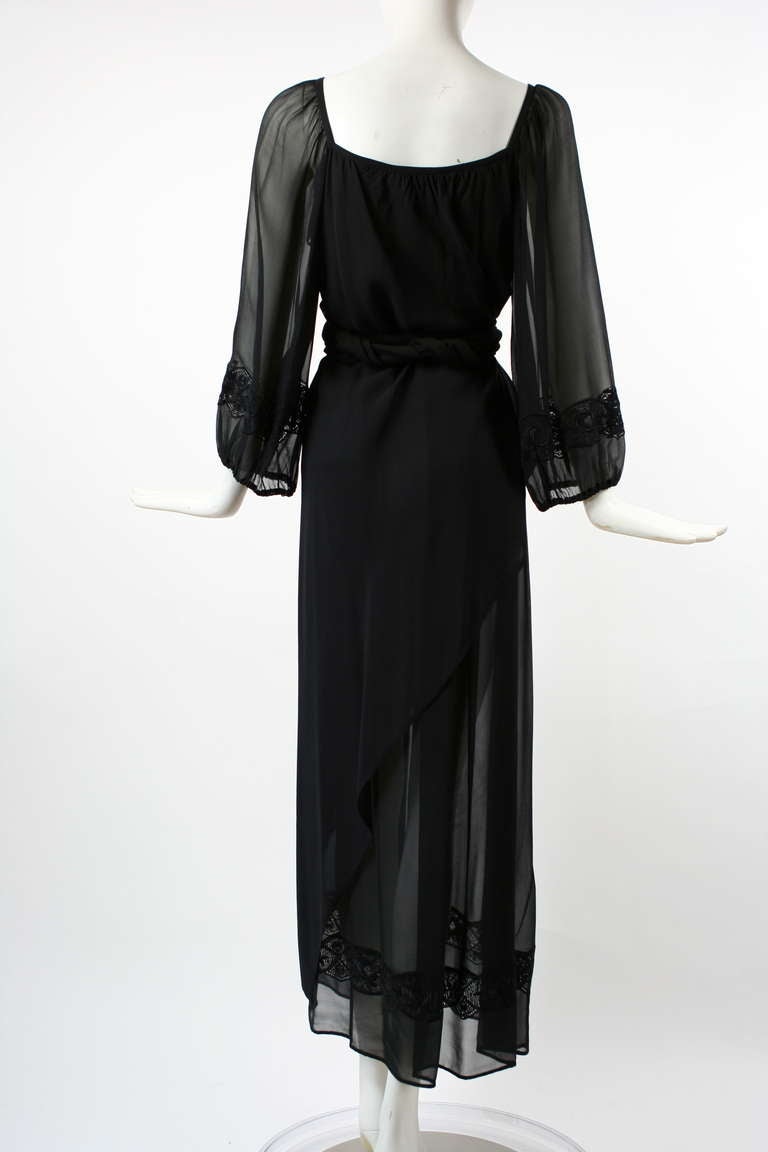 Andrea Odicini 1970s Black Silk Chiffon Embroidered Peasant Dress In Excellent Condition For Sale In New York, NY