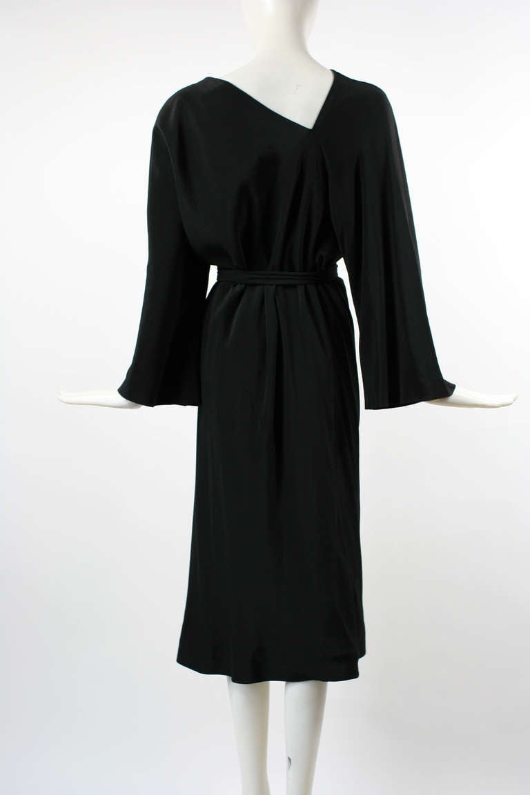 Halston 1970s Black Silk Dress with Asymmetrical Neckline For Sale 1