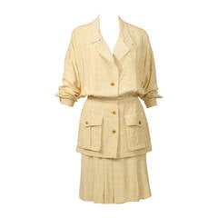Vintage 1990's Chanel Cream and White Polka-Dot Silk Suit