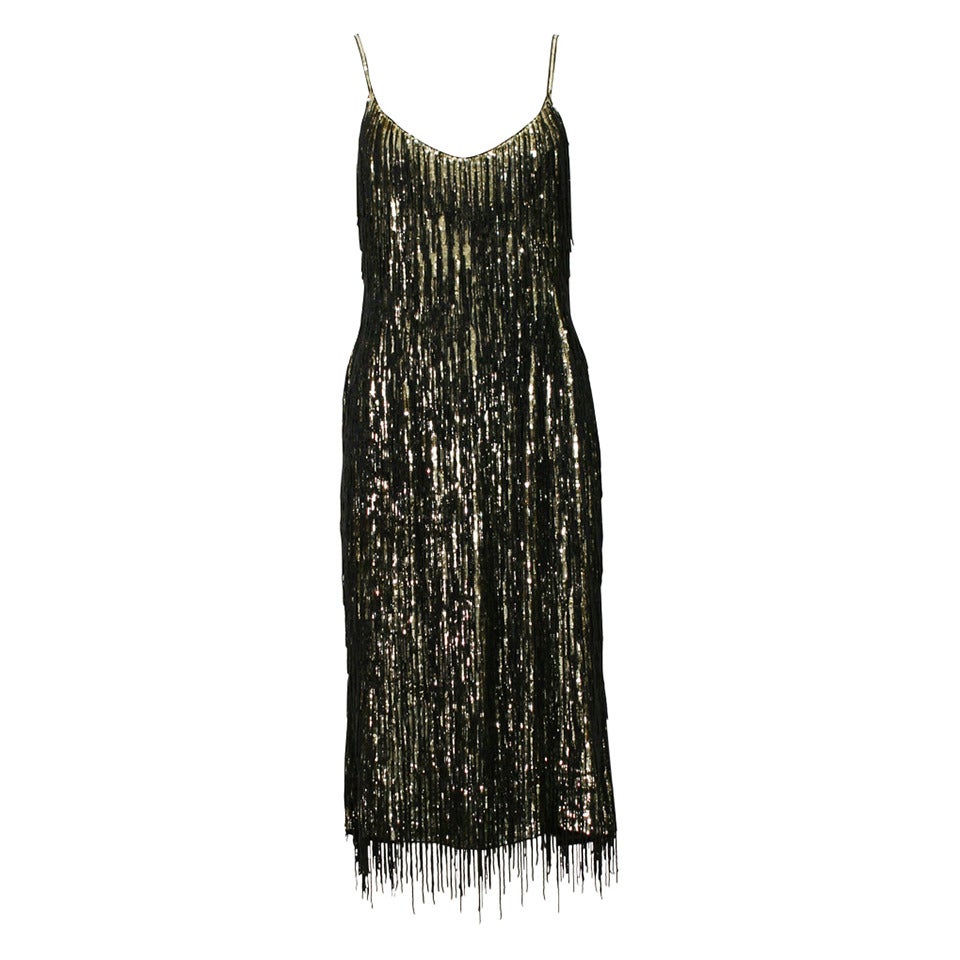 Magnificent Escada Gold and Black Beaded Fringe Cocktail Dress For Sale