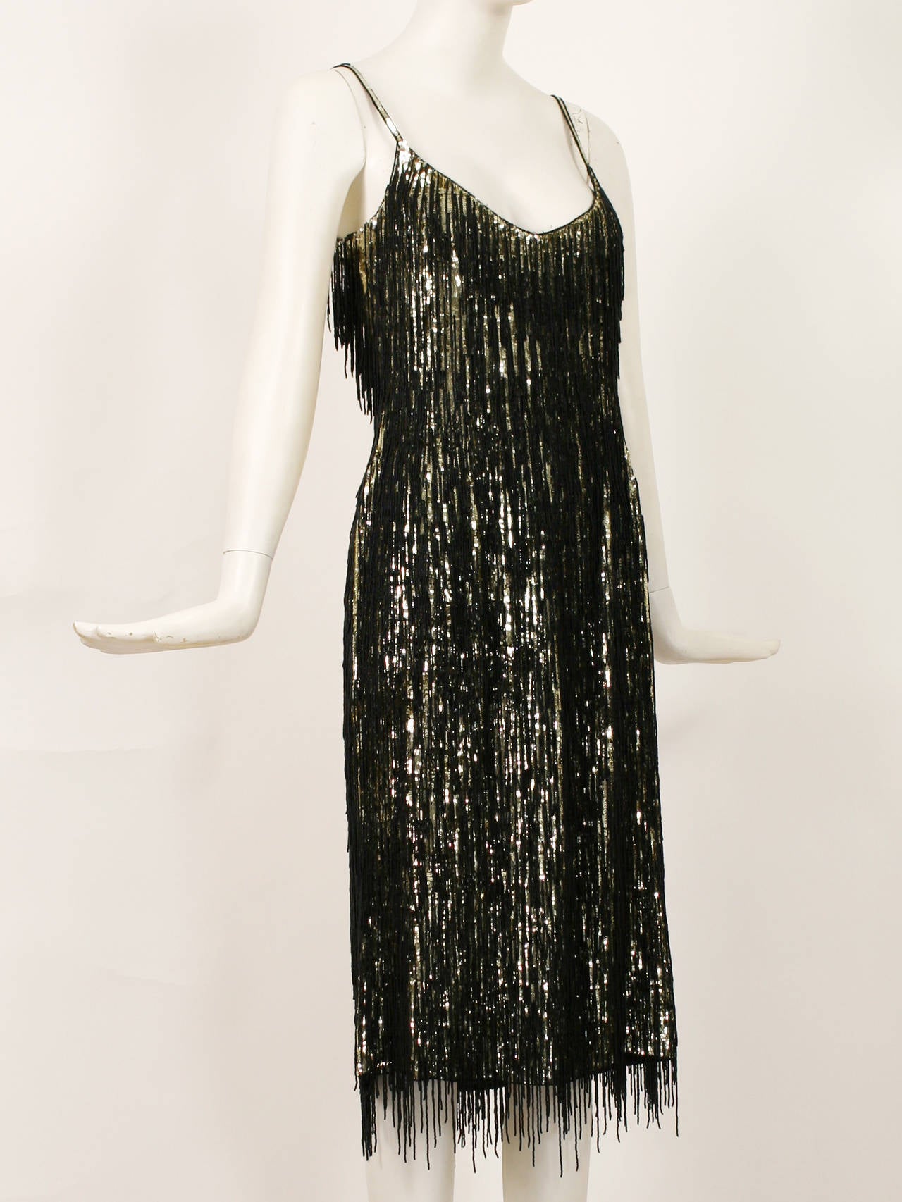 Magnificent Escada Gold and Black Beaded Fringe Cocktail Dress In Excellent Condition For Sale In New York, NY