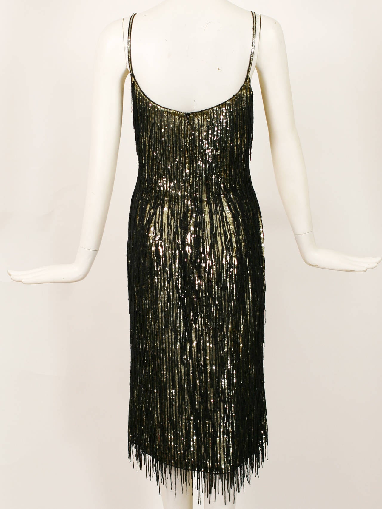 Women's Magnificent Escada Gold and Black Beaded Fringe Cocktail Dress For Sale