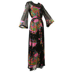 Malcolm Starr 1970s Floral and Wing Motif Chiffon Maxi Dress