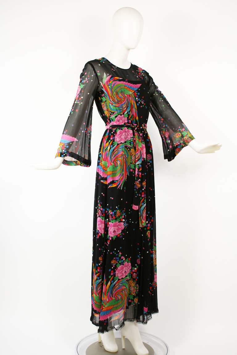 Malcolm Starr 1970s Floral and Wing Motif Chiffon Maxi Dress