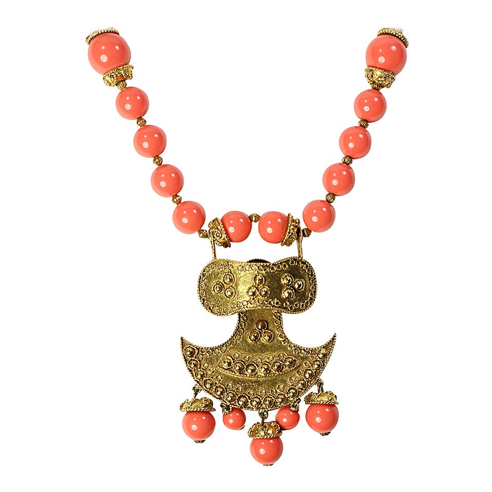 1970s Kenneth Lane Long Coral and Gold Resort Necklace For Sale