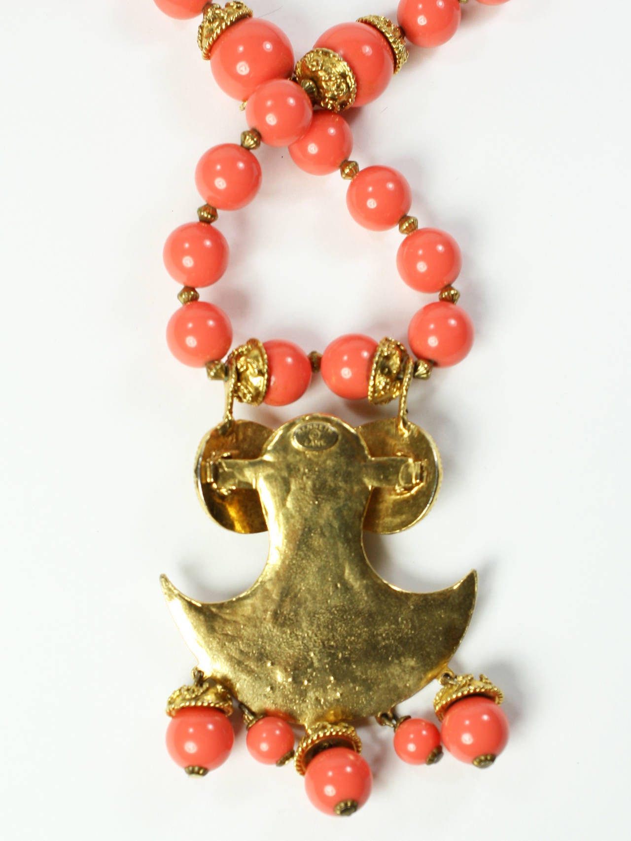 Women's 1970s Kenneth Lane Long Coral and Gold Resort Necklace For Sale