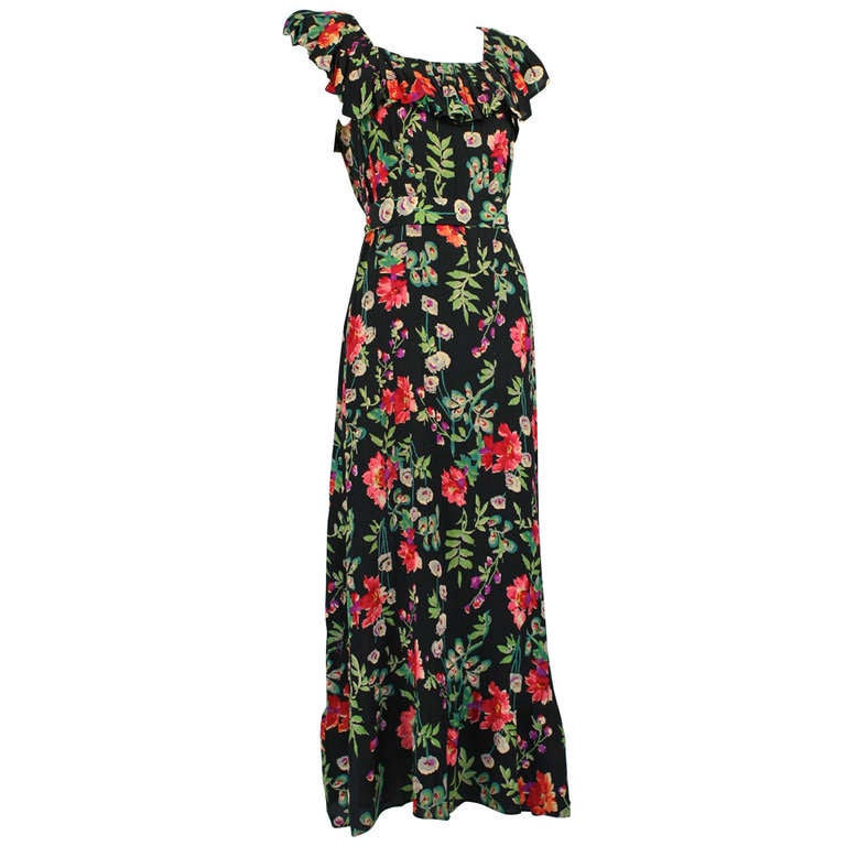 1930s Floral Crepe Gown Dress For Sale