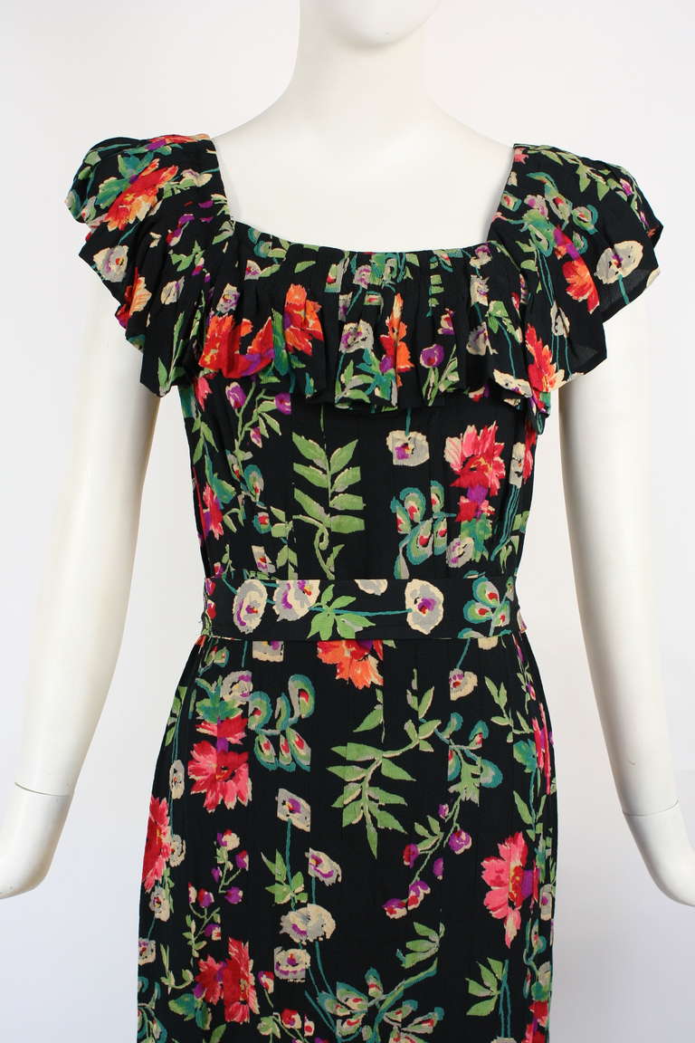1930s Floral Crepe Gown Dress For Sale 1