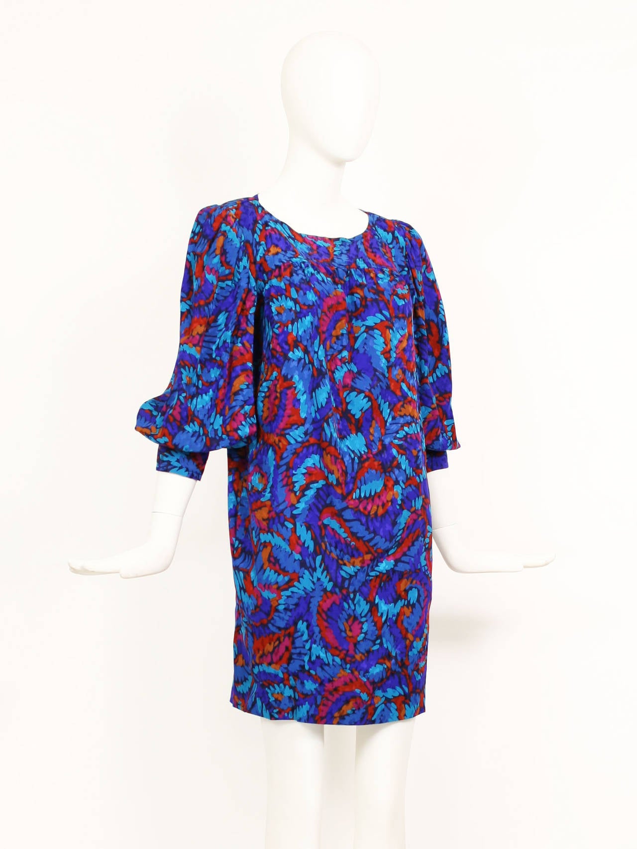Vintage Yves Saint Laurent Silk Blue and Purple Print Dress In Excellent Condition For Sale In New York, NY