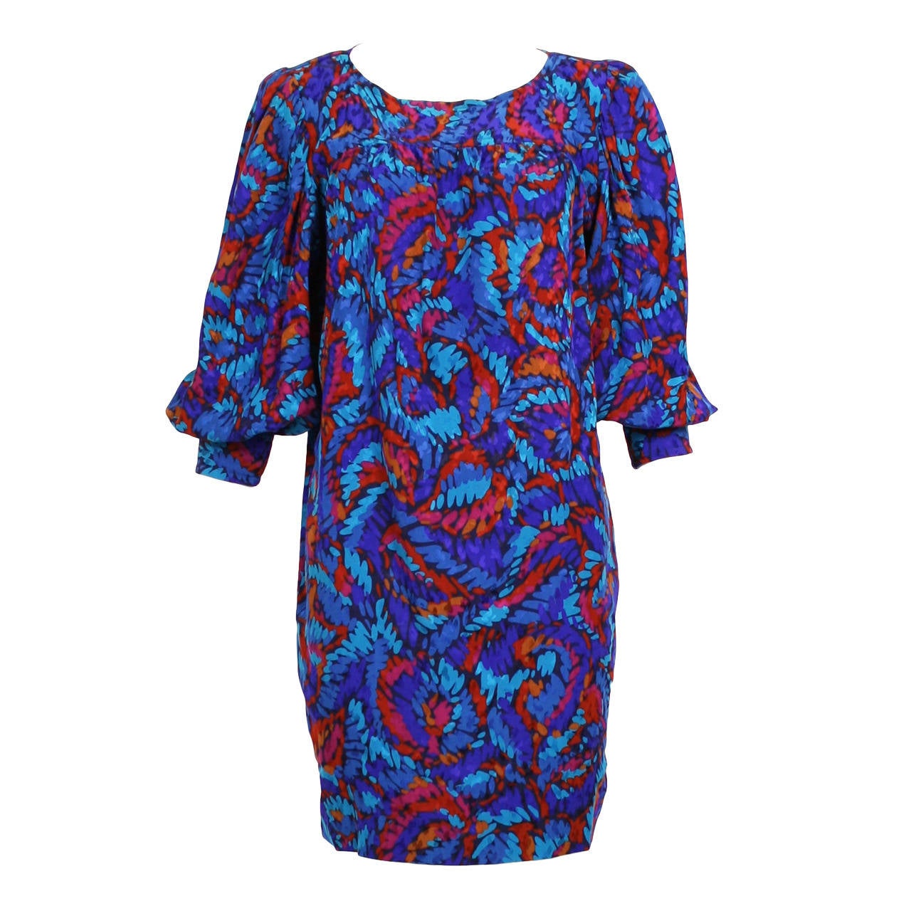 Vintage Yves Saint Laurent Silk Blue and Purple Print Dress For Sale