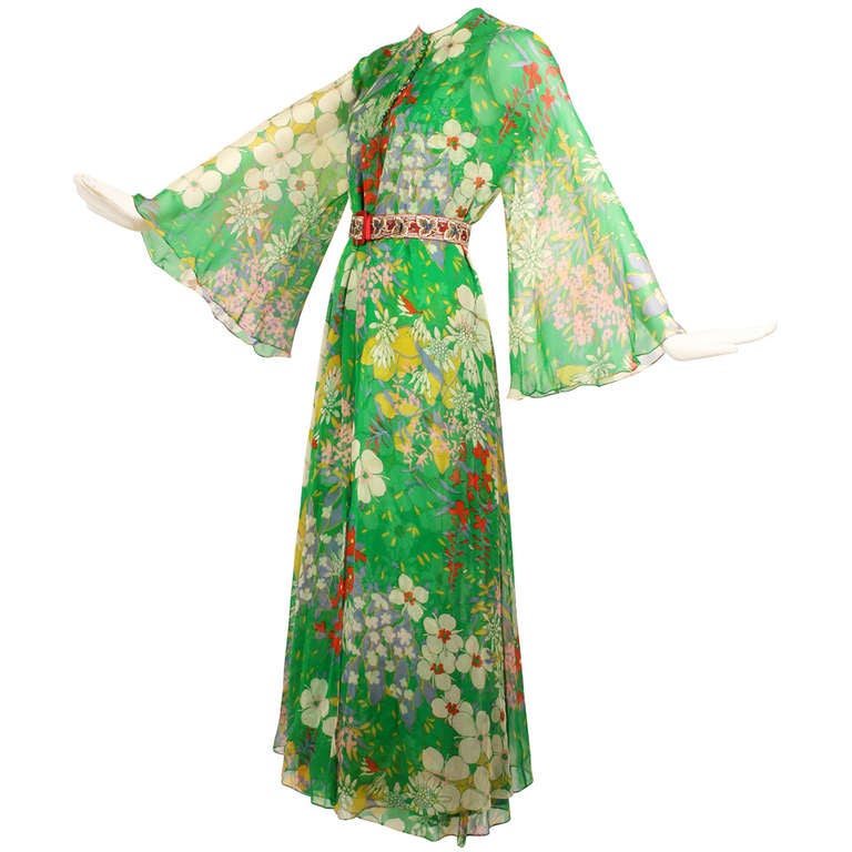 Mollie Parnis 1970s Green Floral Silk Chiffon Dress with Overlay