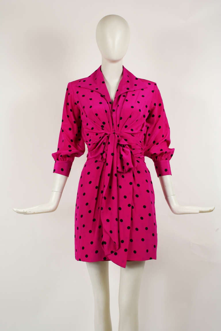 Yves Saint Laurent Fuchsia Polka Dot Silk Dress YSL In Excellent Condition For Sale In New York, NY