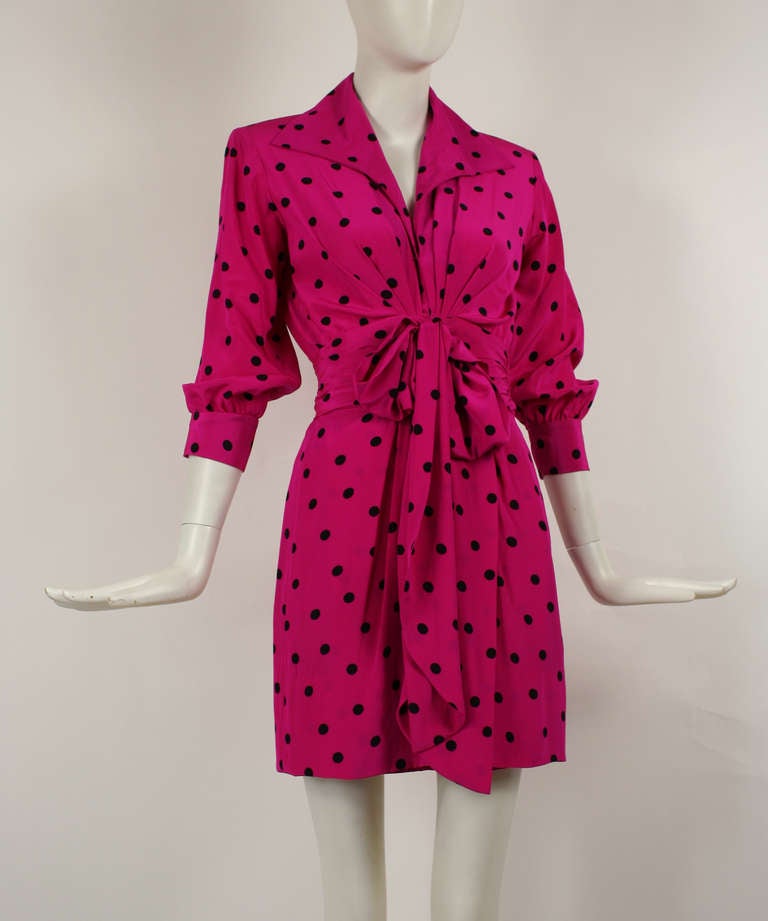 Yves Saint Laurent Fuchsia Polka Dot Silk Dress YSL
 Side zip. Attached sash. Excellent condition. 
 French Size 34

Bust 34-36