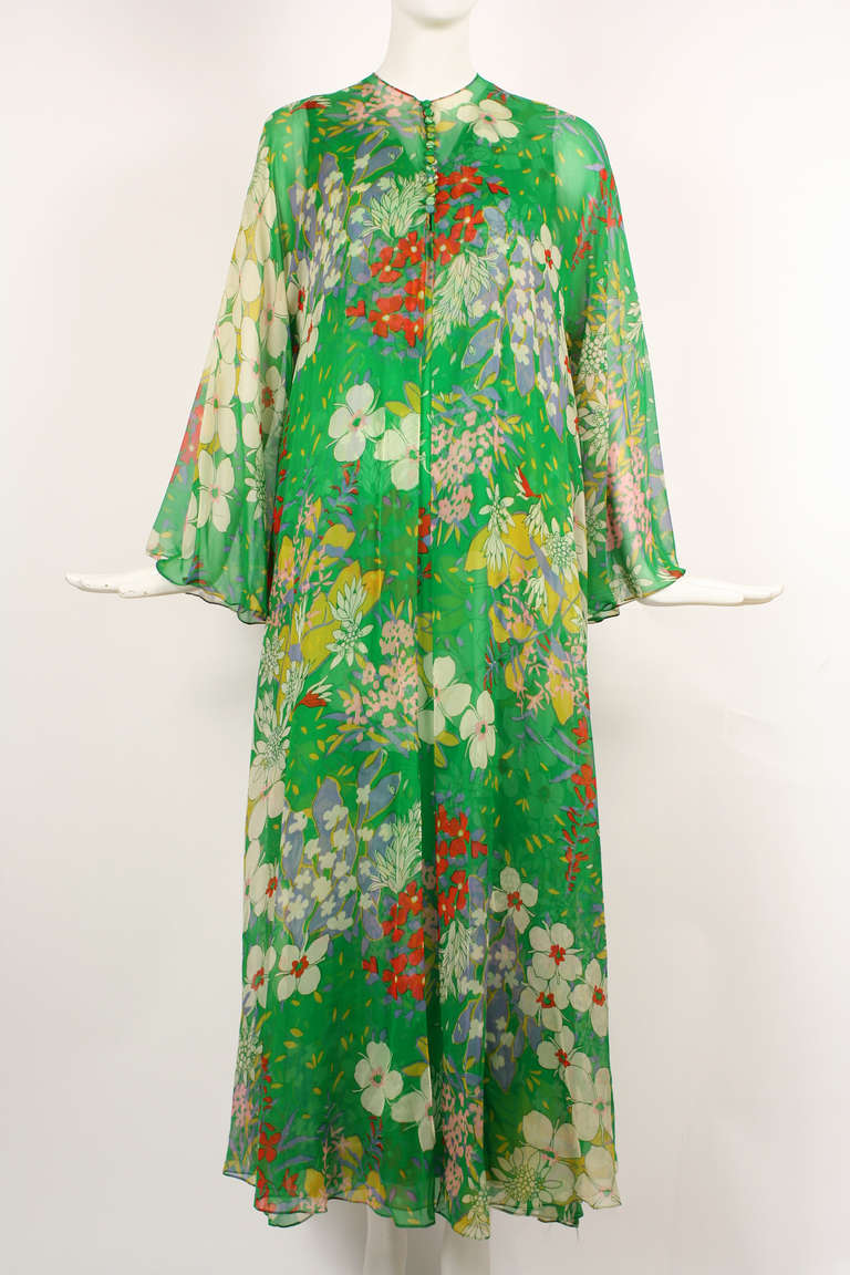 Mollie Parnis 1970s Green Floral Silk Chiffon Dress with Overlay 4