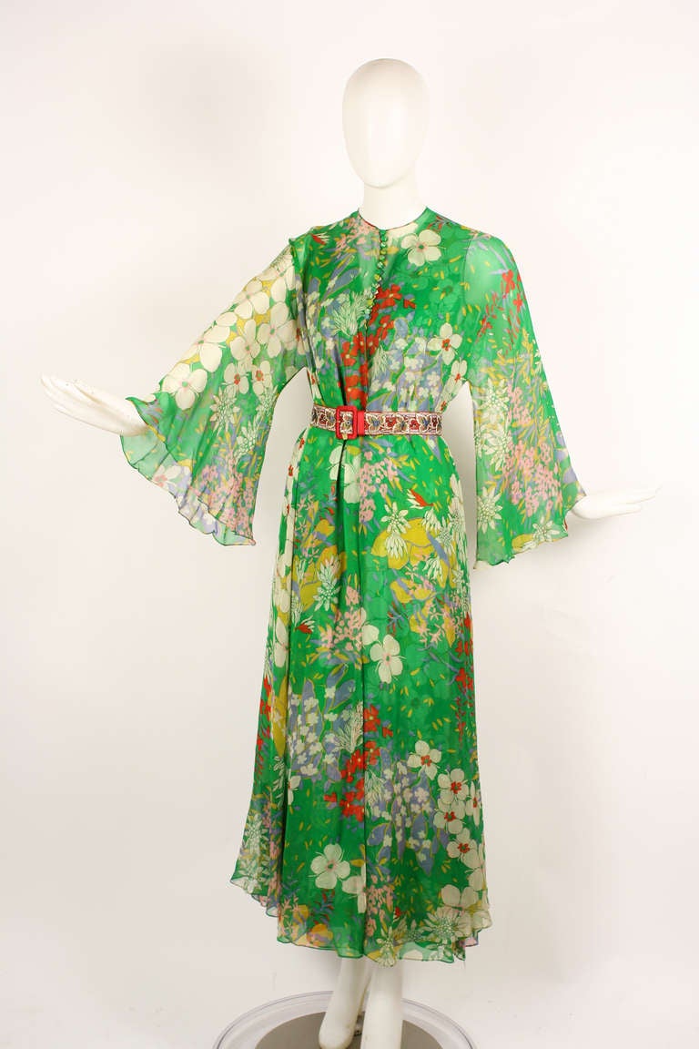 Women's Mollie Parnis 1970s Green Floral Silk Chiffon Dress with Overlay
