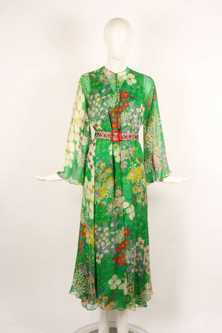 Mollie Parnis 1970s Green Floral Silk Chiffon Dress with Overlay 1