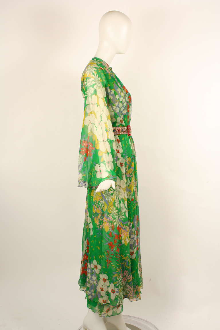 Mollie Parnis 1970s Green Floral Silk Chiffon Dress with Overlay 2