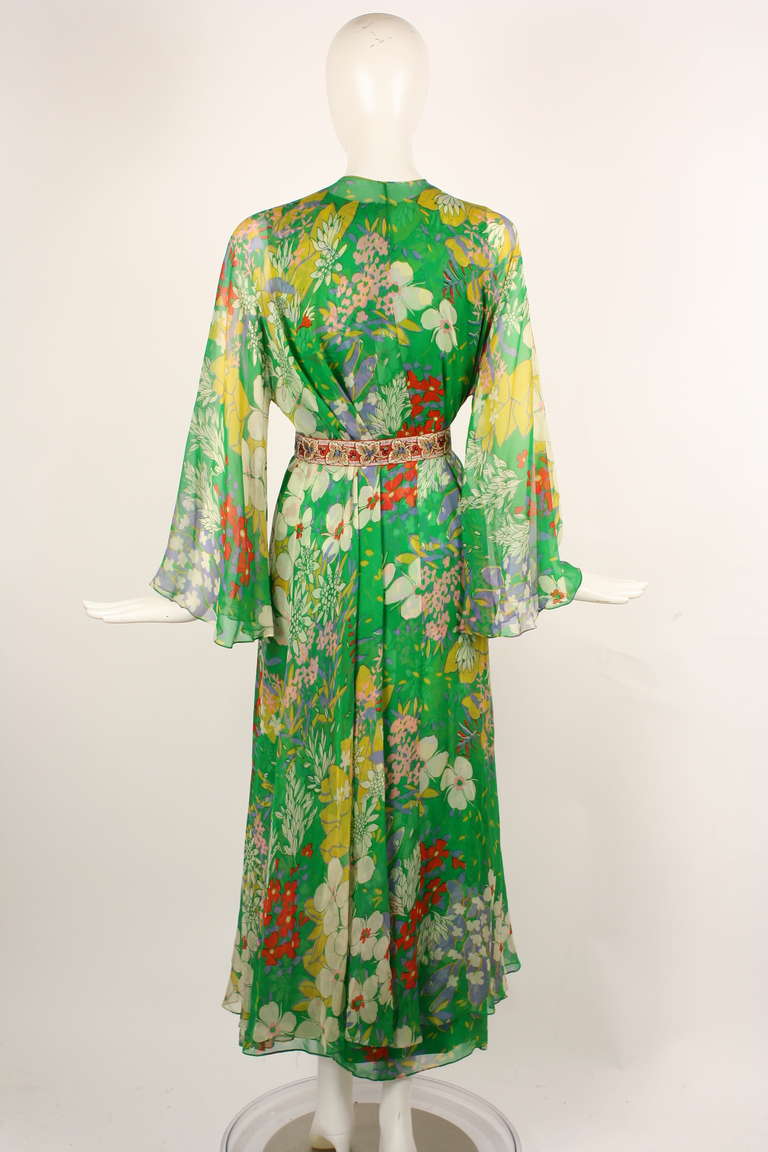 Mollie Parnis 1970s Green Floral Silk Chiffon Dress with Overlay 3