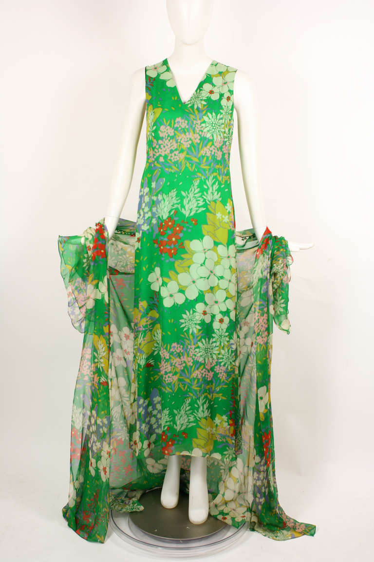 Mollie Parnis 1970s Green Floral Silk Chiffon Dress with Overlay In Excellent Condition In New York, NY