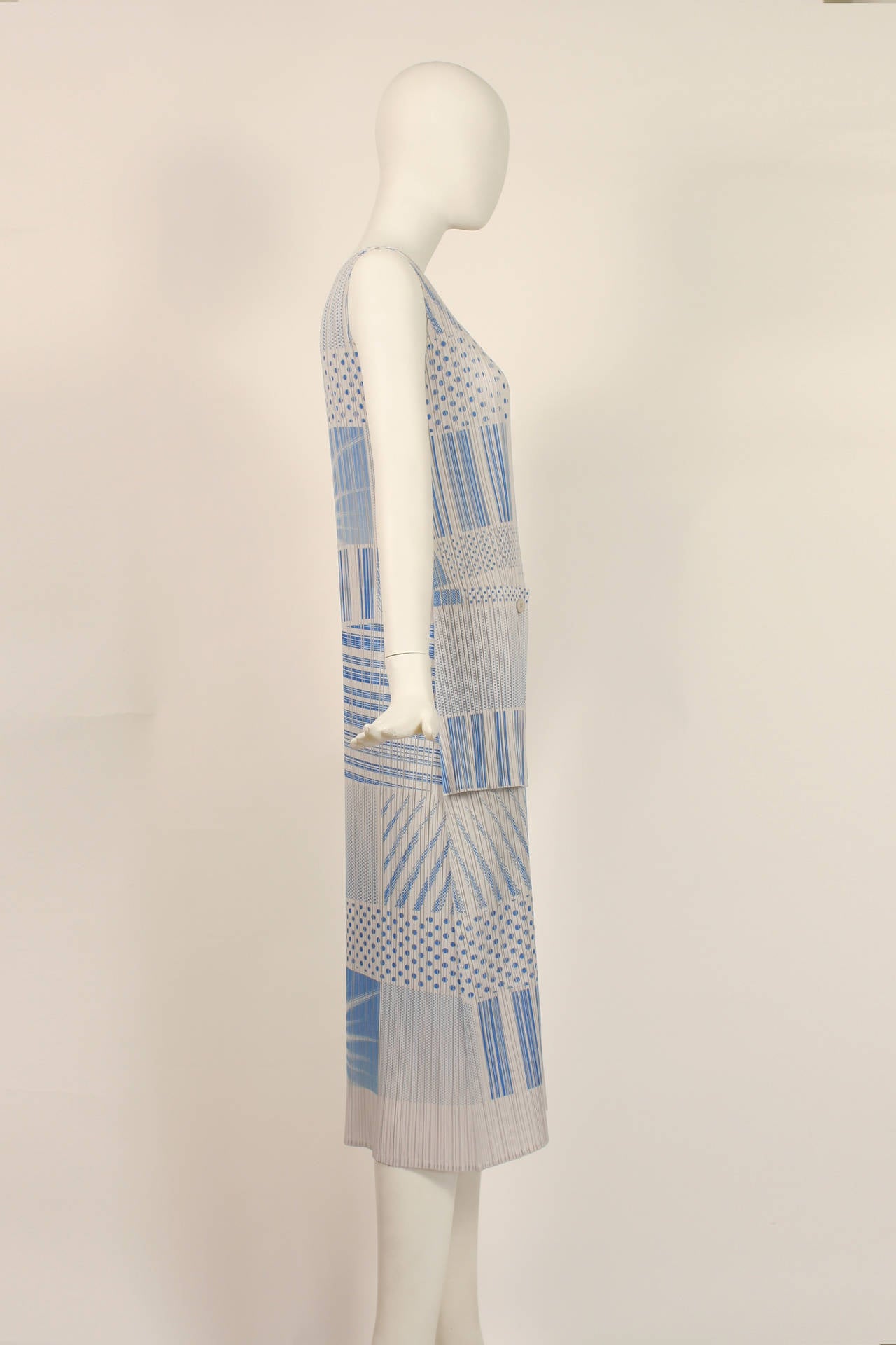 Women's Pleats Please Issue Miyake Blue and White Summer Dress For Sale