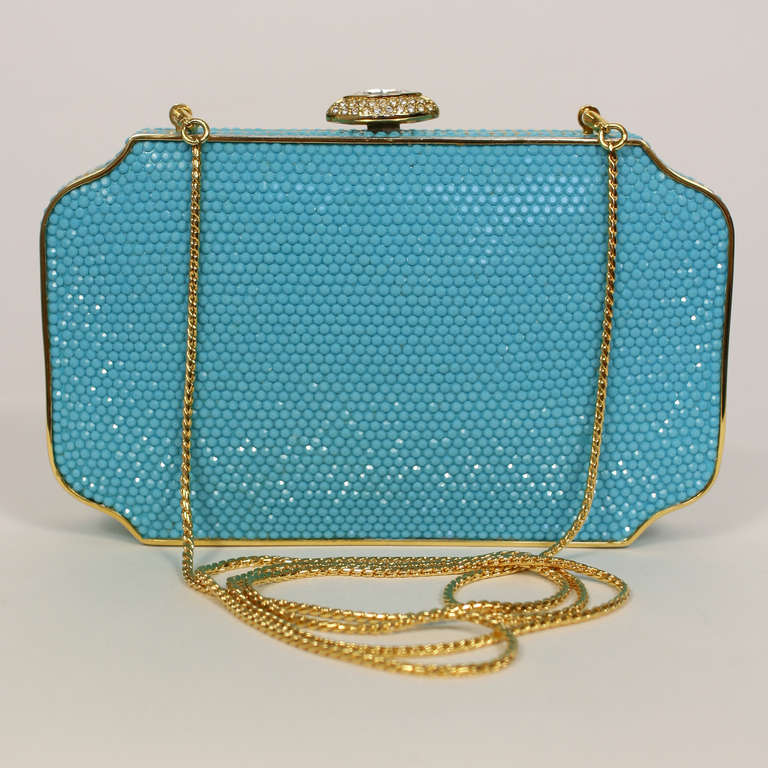 Judith Leiber Turquoise Minaudière Crystal Bag In Excellent Condition In New York, NY